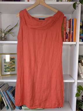 Sleeveless Coral Red Linen Shift Dress Size Medium Summer Made In Italy